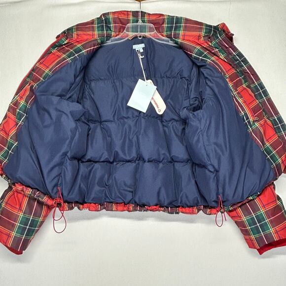 Hill House The Violet Ruffle Sleeve Puffer Jacket Womens L Tartan Plaid NWT Holi - Picture 8 of 16